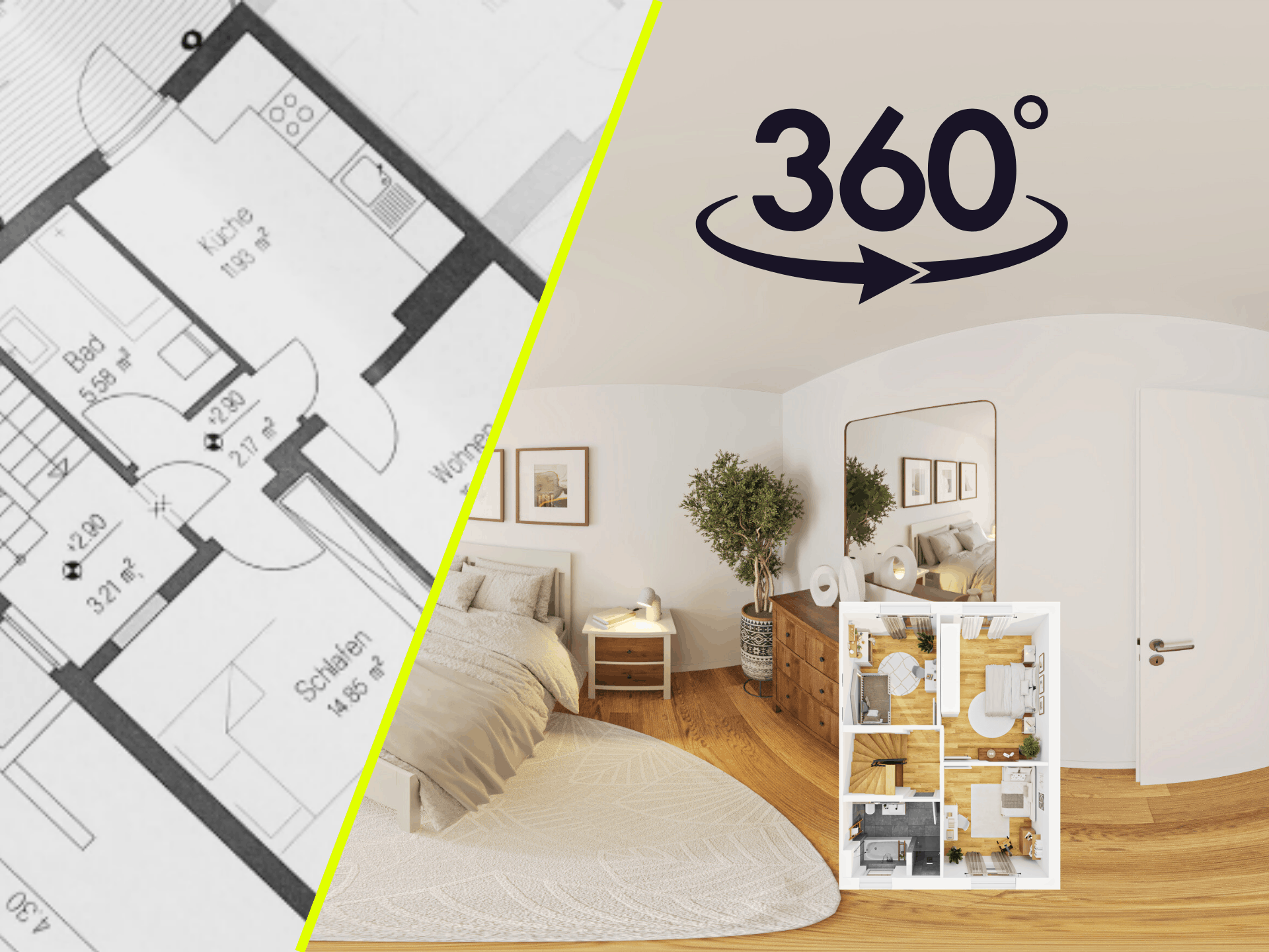 Die linke Bildhälfte zeigt einen klassischen technischen 2D-Grundriss. Die rechte, durch eine gelbe Linie getrennte Seite präsentiert das Ergebnis als interaktives digitales Home Staging: Eine fotorealistische 360-Grad-Visualisierung eines hellen, modernen Schlafzimmers, deutlich gekennzeichnet durch ein 360°-Symbol. Zusätzlich ist unten rechts ein übersichtlicher 3D-Grundriss der Wohnung eingeblendet.